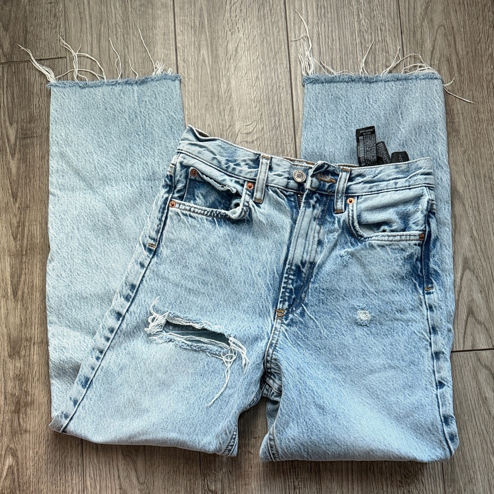 Zara Light Blue High Rise Distressed Jeans